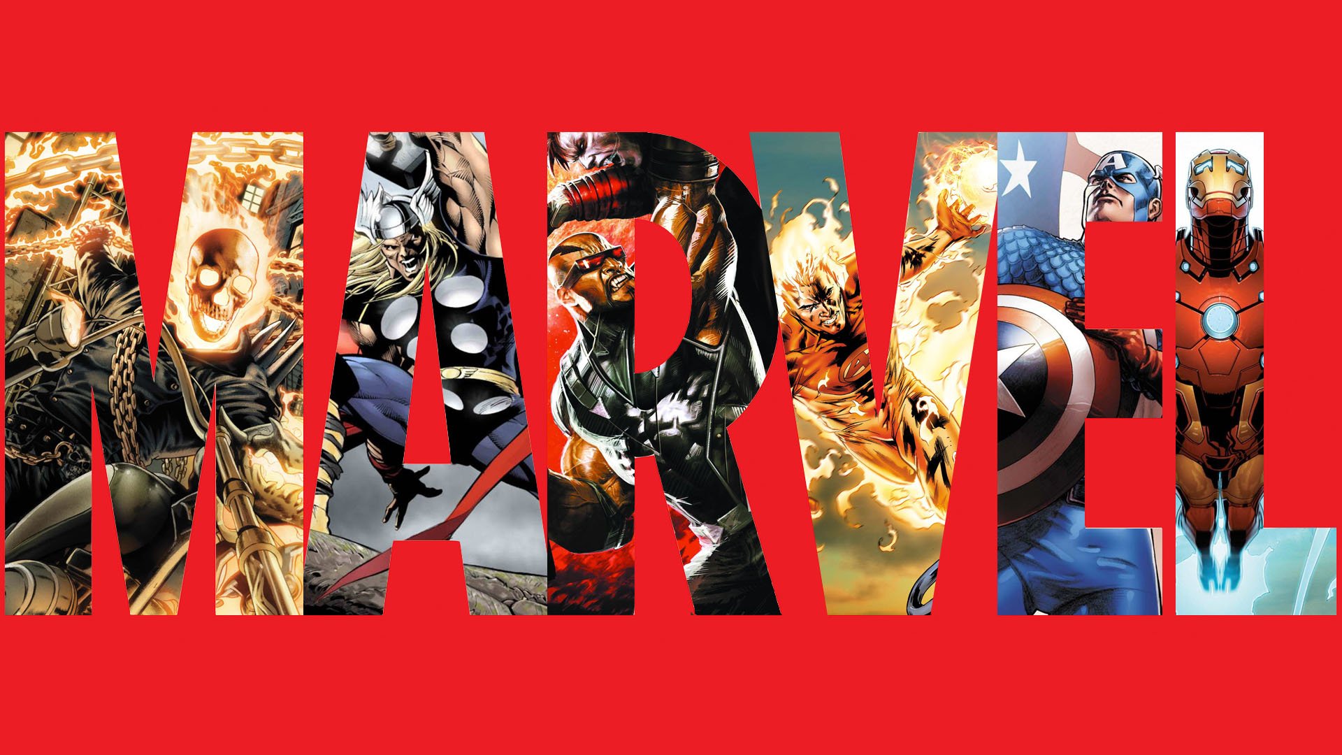 Logo de marvel con imagenes de los heores dentro de las letras